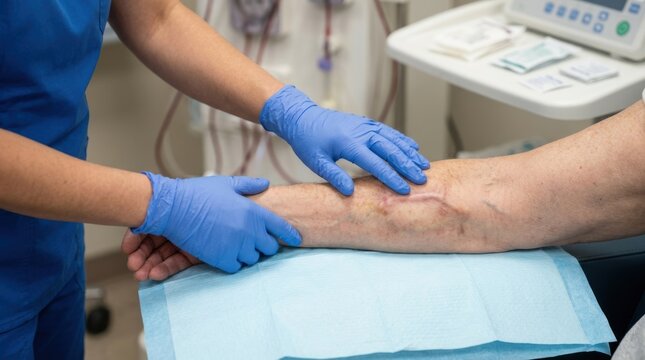Nurse checks patient's arm with dialysis fistula and scar