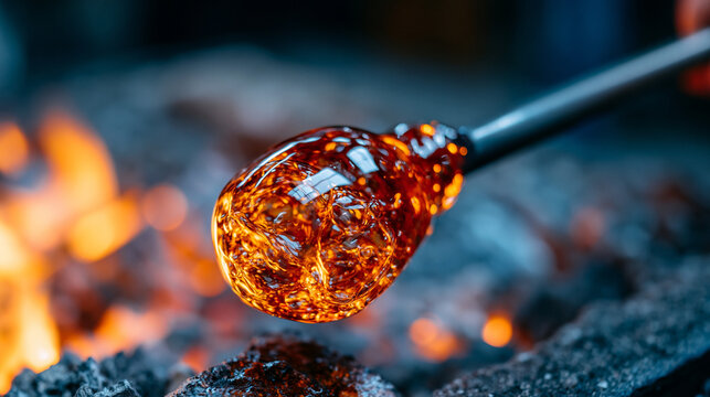Molten borosilicate glass gather on steel blowpipe tip glowing amber at furnace mouth, dramatic storm background contrast against incandescent gather surface, glassblowing studio refractory brick vi
