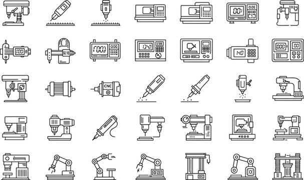 Industrial automation CNC machine and robotic arm line icons set with milling drilling lathe laser cutting control panel 3D printer manufacture vector design