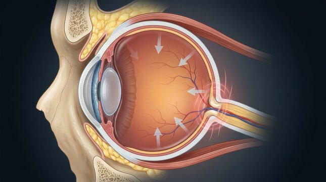 Cross-section of human eye showing increased intraocular pressure and blood vessel strain