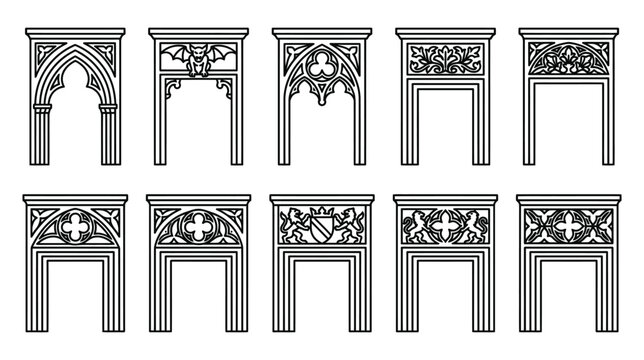 An icon pack showing 10 different gothic decorative lintels on a white background