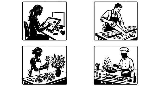 Creative and manual occupations silhouettes set isolated on white background