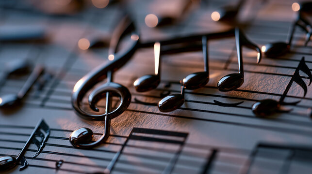 Sheet music notation detail magnified across manuscript paper staves, hand engraved musical symbols, treble clef and quaver arrangement, compositional score texture, printed musical notation grid, a