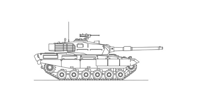Detailed 2D AutoCAD Vector illustration of a military tank