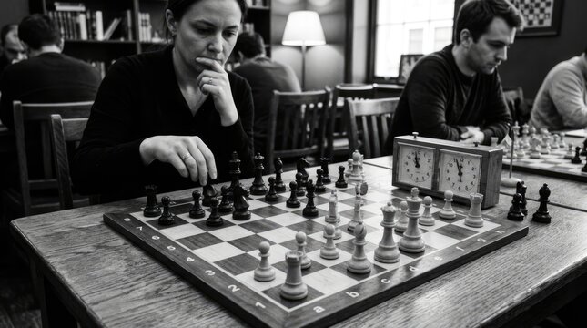 People playing competitive chess in cafe interior.