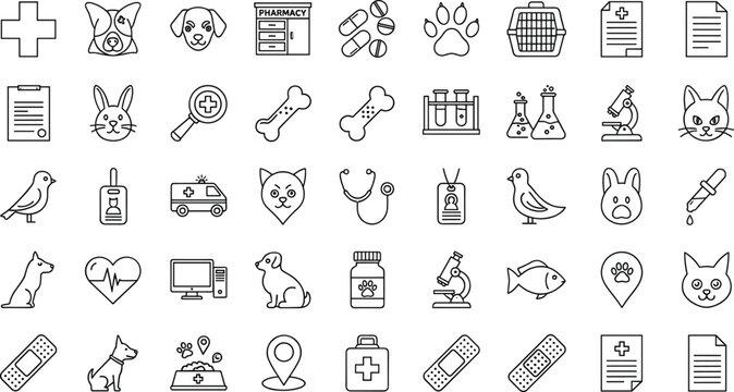Veterinary medicine and pet healthcare line icons set with dog cat rabbit bird paw medical cross ambulance stethoscope microscope pharmacy vector design