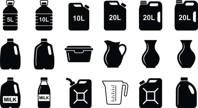 Liquid Container and Plastic Jerrycan Silhouette Icon Set with Fuel Canisters, Milk Bottles, Water Jugs, and Measuring Cup Symbols for Industrial Packaging Designs