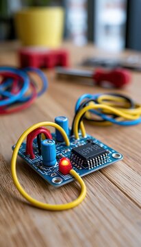 Circuit board kit on organized desk for electronics learning