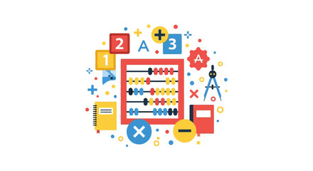 Fototapeta premium Educational Math Concept Illustration with Abacus, Numbers, and Geometry Tools in Flat Style on White Background