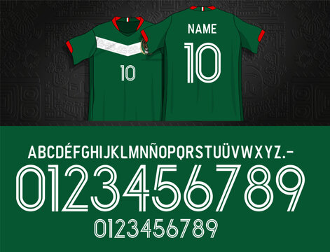 mexico font, mexico soccer, Modern sports lettering system featuring lightweight outline numbers and clean alphabet characters. Vector typography design created for apparel graphics, textile prints