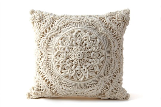 ivory macrame cushion cover with intricate mandala pattern