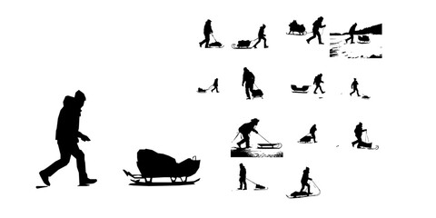Obraz premium Man Dragging A Sledge Across Snow Silhouette