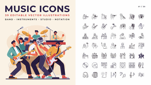 Set of 39 editable vector illustrations showing musicians playing instruments and music studio icons . Vector flat illustration on a white background. Vector illustration.