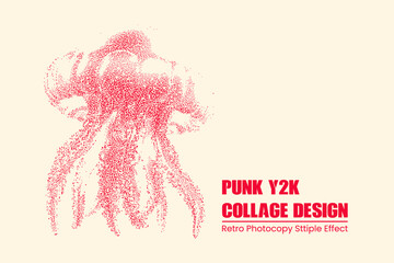 Abstract red stipple jellyfish illustration, retro photocopy punk y2k collage design element, grainy dot art texture on cream background © MDMahmudul