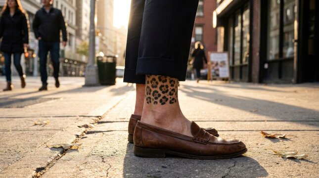Loafers and leopard ankle tattoo on a person walking in the city