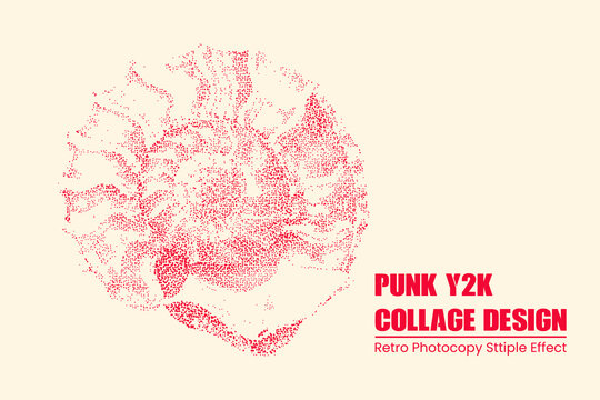 Stipple effect ammonite fossil illustration, red dot art on cream background, punk y2k aesthetic, retro photocopy style graphic design element