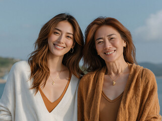 Fototapeta premium Two women, a mature mother and her adult daughter, pose closely side by side seaside under pale blue sky, both smiling warmly in coordinated neutral knit outfits with delicate gold necklaces and hoop 