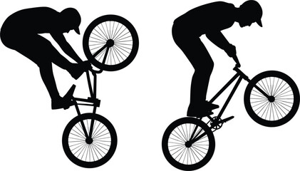 Naklejka premium BMX rider silhouette set, extreme bicycle stunt performance figures isolated for action sports vector artwork