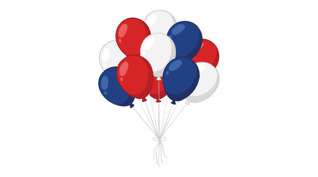 A festive bunch of red white and blue patriotic balloons tied together on a white background