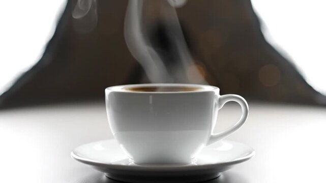 Steaming hot cup of coffee on saucer.