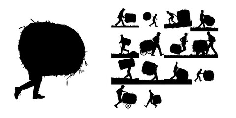 Obraz premium Man Pushing A Hay Bale Silhouette