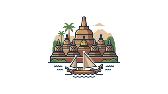 Borobudur temple landscape with traditional sailing boat.
