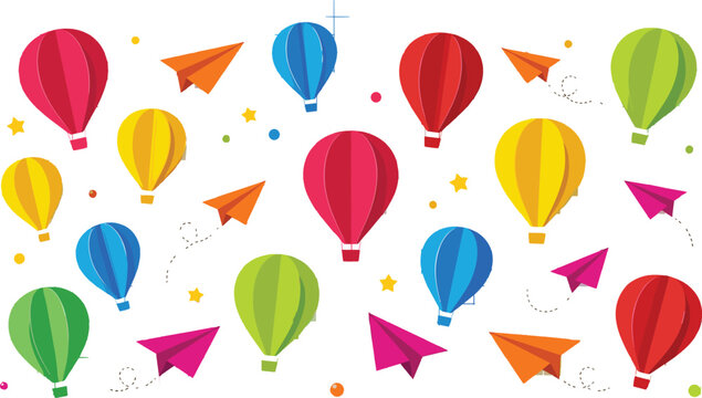 Colorful Hot Air Balloon Collection with Flying Paper Airplanes Bright Travel Elements and Playful Sky Adventure Illustrations