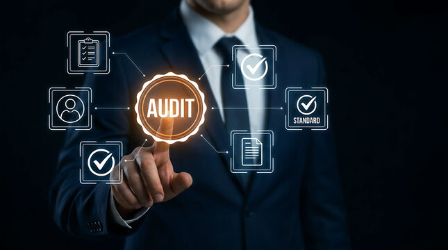 Businessman pointing to virtual audit button and corporate compliance icons