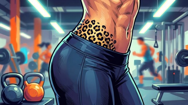 Fit female midsection with leopard tattoo in gym illustration
