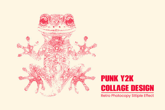 Stipple art illustration of a frog, retro punk y2k collage design, red dotwork graphic on a light cream background, vintage photocopy aesthetic