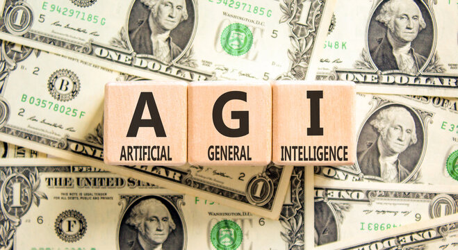AGI artificial general intelligence symbol. Concept words AGI artificial general intelligence on beautiful wooden blocks. Beautiful dollar bills background. Business AGI general concept. Copy space.
