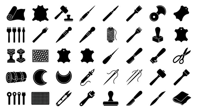 Leathercraft and Hides Vector Icon Sheet with Stitching Awls, Edge Bevelers, and Leather Stamps Black Flat Silhouettes Isolated on White