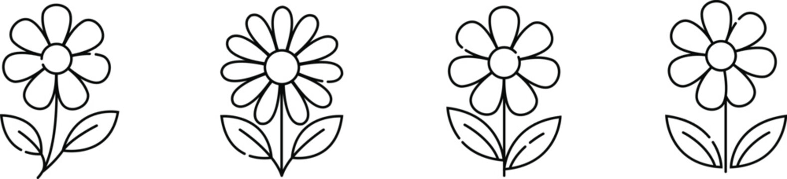 Daisy Flower Icons Set Vector Illustration, Floral Blossom, Botanical Nature and Minimal Line Art Collection