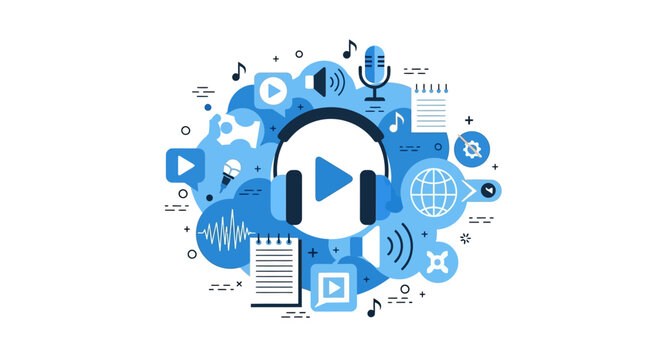 Podcast and Audio Streaming Concept Illustration with Headphones, Microphone, and Digital Media Icons in Blue Flat Design Style