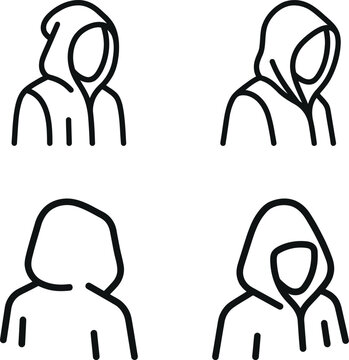 Anonymous hacker avatar in hoodie outline icon set mysterious person vector