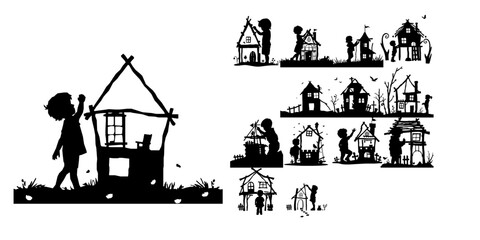 Obraz premium Child Building a Fairy Tale House of Sticks Silhouette