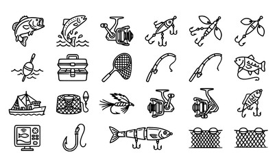  Fishing line icons set with thin outline sport fish trout bass lure and angling equipment vector illustration © ABDUL STUDIO