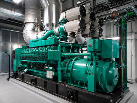 Large green diesel and gas power generator in a modern industrial plant with ducts, exhaust pipes, and control cabling.
