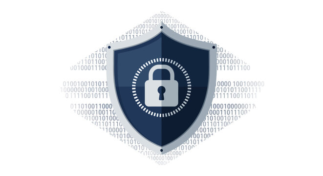 Cybersecurity Shield and Padlock Icon on Binary Code Background - Data Privacy and Digital Protection Concept
