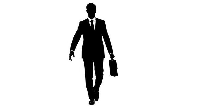 Silhouette of a businessman in a suit walking with a briefcase isolated on white background
