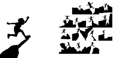 Fototapeta premium Child Jumping from Rock to Rock Silhouette