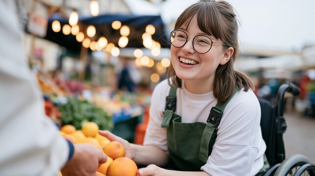 Smiling Wheelchair User Buying Oranges at Market, Excellent for Disability Inclusion, Accessible Retail and Healthy Lifestyle Campaigns