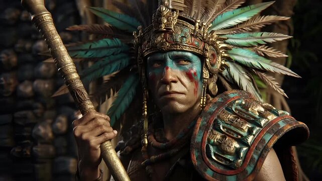 Maya Aztec civilization, Mexico culture. Mysterious, fantasy. A detailed, closeup portrait of a person wearing a richly decorated headdress with intricate designs and feathers.