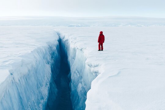 Lone Explorer Standing Beside Deep Glacier Crevasse in Polar Ice Field, Excellent for Climate Change, Arctic Exploration and Environmental Research