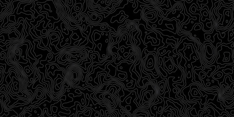 Topographic map contour lines pattern in white ink on black background for cartography and geographic design projects. © RABAKA