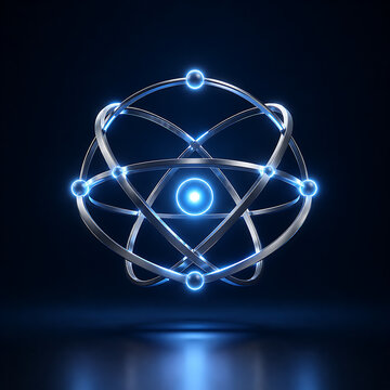Stylized Atomic Model with Glowing Electrons on Dark Reflective Surface - Futuristic Science and Technology Concept