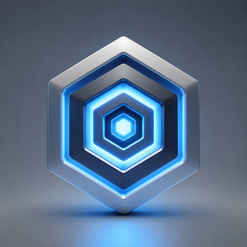 Futuristic Geometric Hexagonal Emblem with Glowing Electric Blue Core in a Minimalist Gray Studio - Abstract Tech Design Representing Data, Innovation, and Interconnected Systems