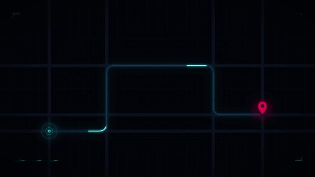 Digital gps navigation path with glowing map marker, futuristic hud route interface animation