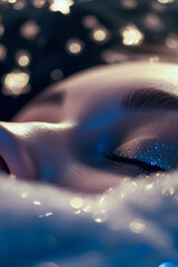Fototapeta premium A person lying down on a colorful blanket, relaxed and calm