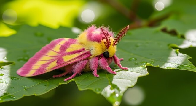 Rosy Maple Moth with pink and yellow wings resting on a green leaf with water droplets in bright sunlight